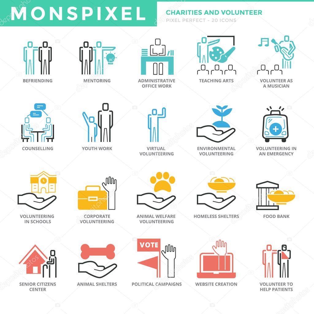 Flat thin line Icons set of Charities and Volunteer. Pixel Perfect Icons. Simple mono linear pictogram pack stroke vector logo concept for web graphics.