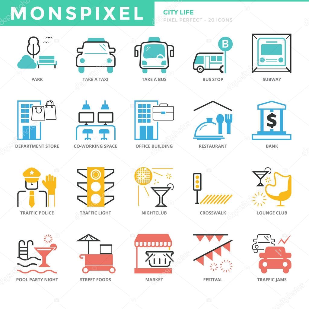 Flat thin line Icons set of City life. Pixel Perfect Icons. Simple mono linear pictogram pack stroke vector logo concept for web graphics.