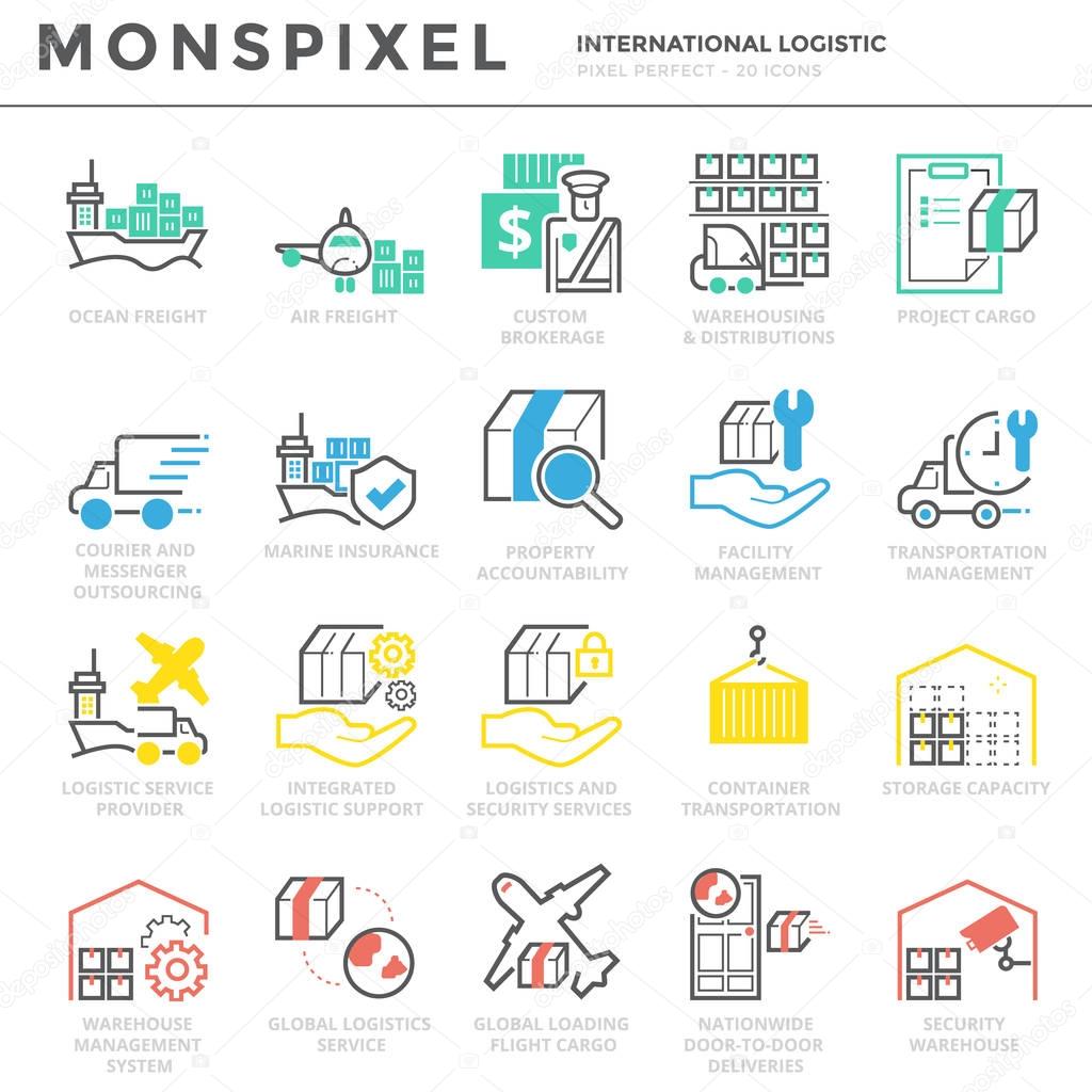 Flat thin line Icons set of International Logistic . Pixel Perfect Icons. Simple mono linear pictogram pack stroke vector logo concept for web graphics