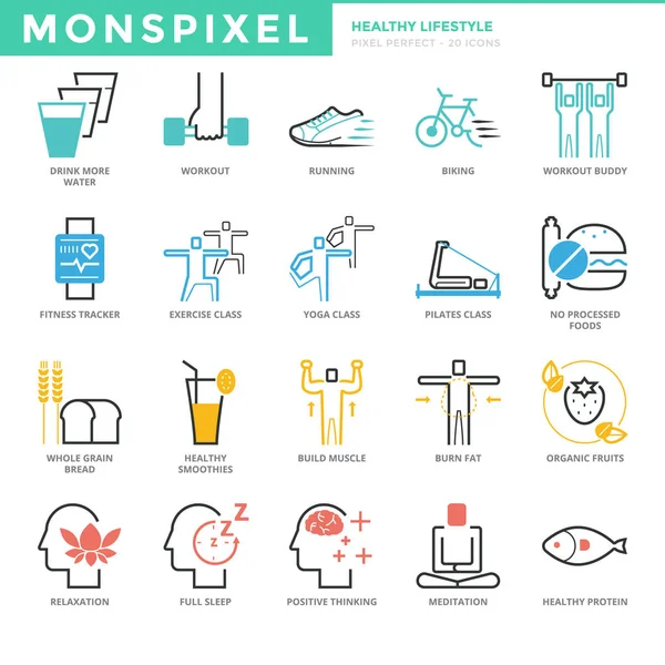 Ligne mince plate Icônes ensemble de mode de vie sain — Image vectorielle