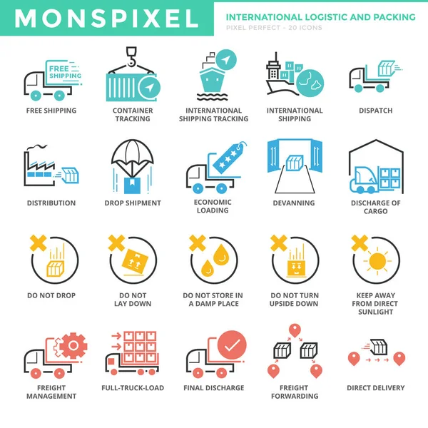 Linha fina plana Ícones conjunto de Logística Internacional e Embalagem — Vetor de Stock