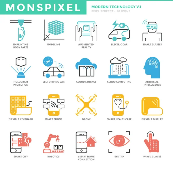 Conjunto de iconos de línea delgada plana de tecnología moderna — Vector de stock