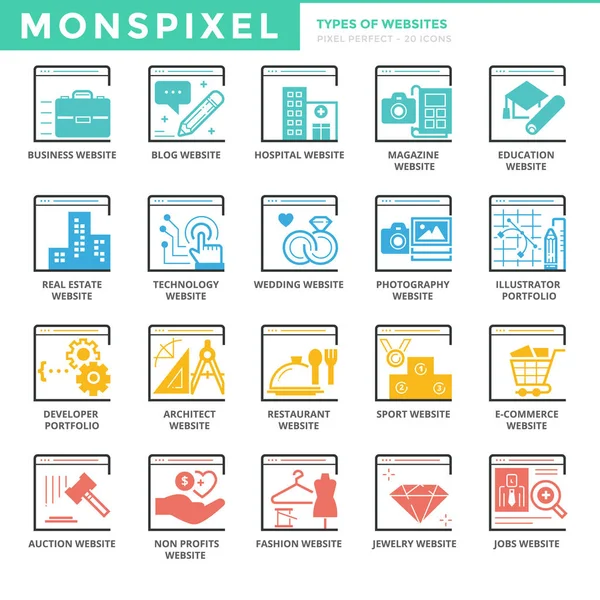 Conjunto de iconos de línea delgada plana de tipos de sitios web — Archivo Imágenes Vectoriales