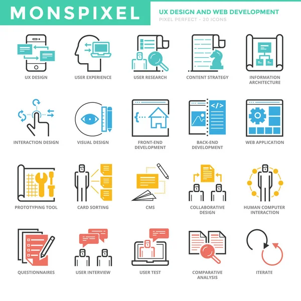 Flachen dünnen Linie Symbole Satz von UX-Design und Web-Entwicklung — Stockvektor