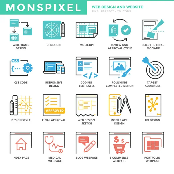 Conjunto de iconos de línea delgada plana de diseño web y sitios web — Archivo Imágenes Vectoriales