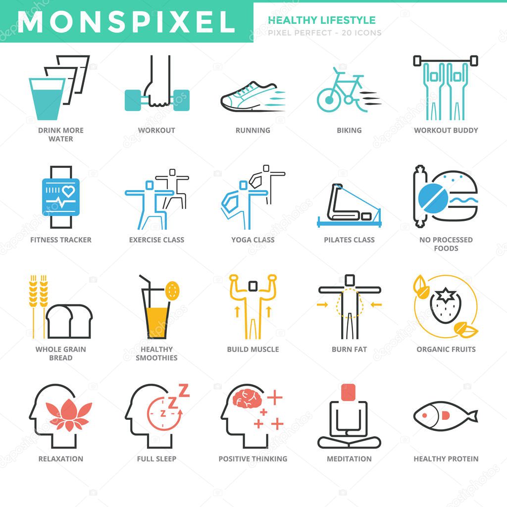 Flat thin line Icons set of Healthy Lifestyle. Pixel Perfect Icons. Simple mono linear pictogram pack stroke vector logo concept for web graphics.