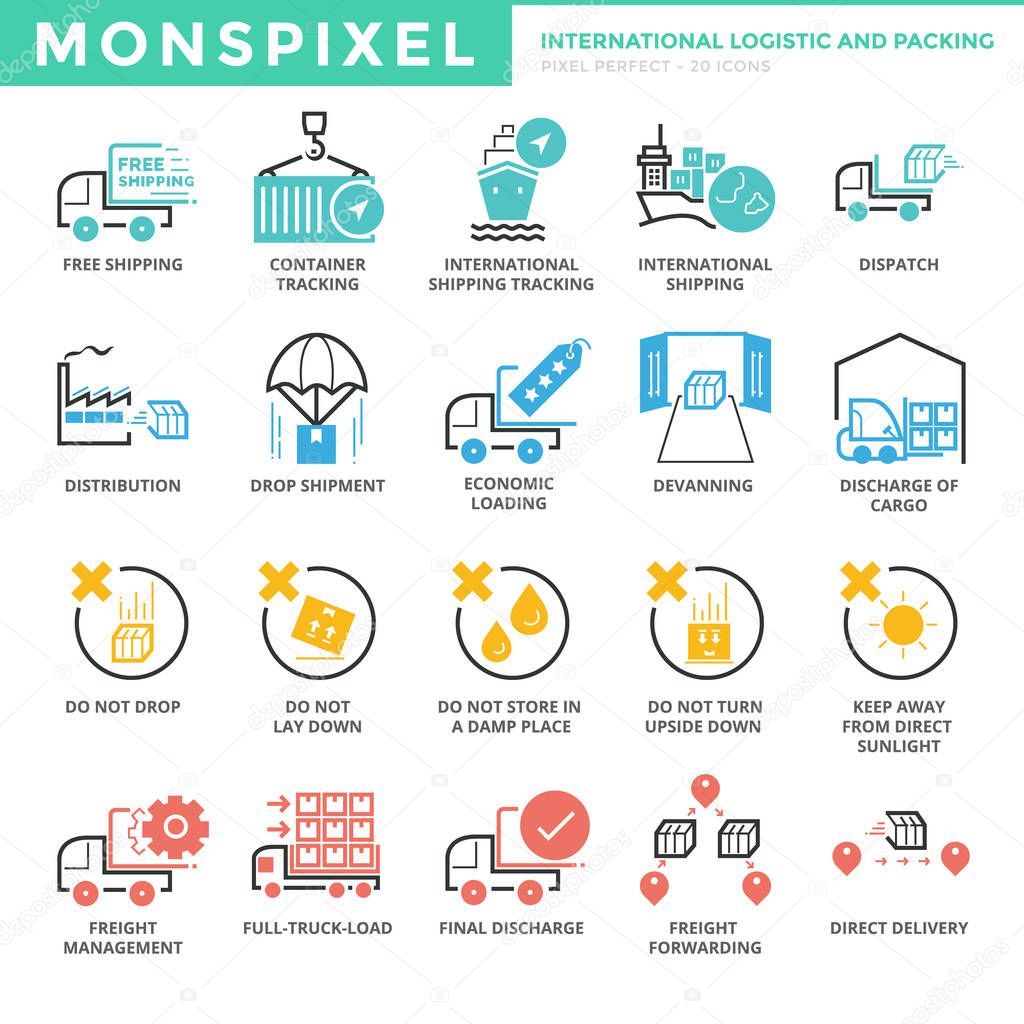 Flat thin line Icons set of International Logistic and Packing. Pixel Perfect Icons. Simple mono linear pictogram pack stroke vector logo concept for web graphics.