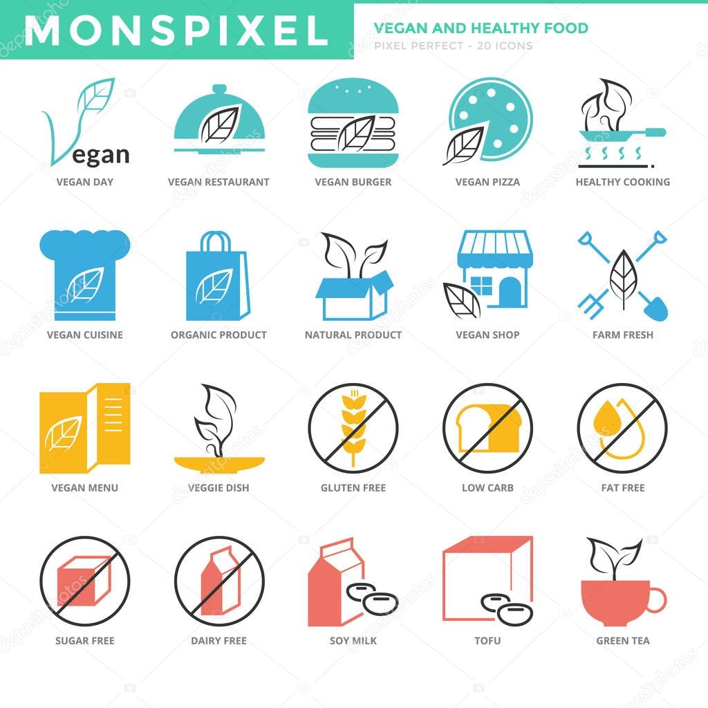 Flat thin line Icons set of Vegan and Healthy Food for Web Development. Pixel Perfect Icons. Simple mono linear pictogram pack stroke vector logo concept for web graphics.