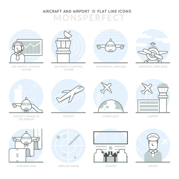 Infografis Icons Elements tentang Airport dan Aircrafts. Ikon Garis Thin Datar Set Pictogram untuk Website dan Grafik Aplikasi Seluler . - Stok Vektor