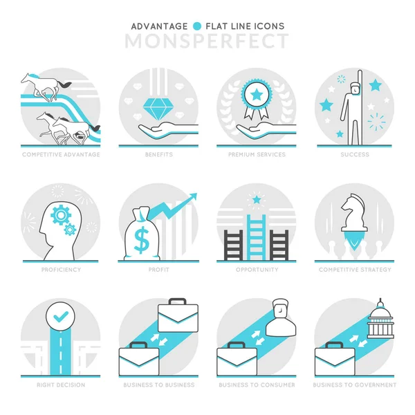 Iconos de Infografía Elementos sobre Ventaja. Pictograma de conjunto de iconos de línea delgada plana para sitios web y gráficos de aplicaciones móviles . — Vector de stock