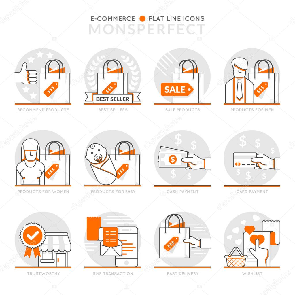 Infographic Icons Elements about E-Commerce. Flat Thin Line Icons Set Pictogram for Website and Mobile Application Graphics.