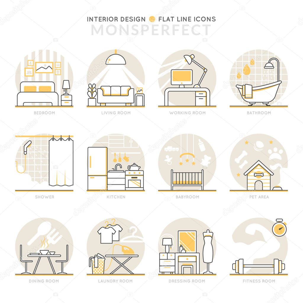 Infographic Icons Elements about Interior Design. Flat Thin Line Icons Set Pictogram for Website and Mobile Application Graphics.