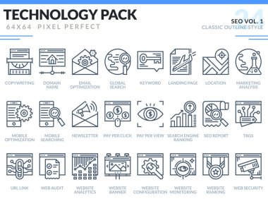 SEO Icons Set. Teknoloji anahat simgeleri paketi. 