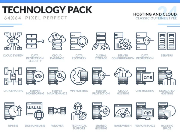 Hosting i zestaw ikon w chmurze. Zarys technologii — Wektor stockowy