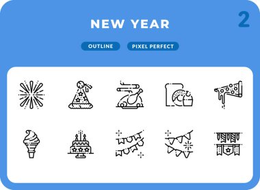 Ui için Yeni Yıl Taslak Simgeleri Paketi. Web tasarımı ve web sitesi uygulaması için mükemmel ince çizgi vektör simgesi.