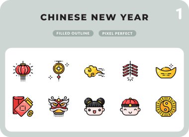 Çin Yeni Yılı Ui için Simgeler Paketi doldurdu. Web tasarımı ve web sitesi uygulaması için mükemmel ince çizgi vektör simgesi