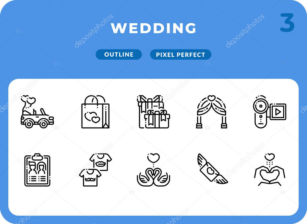 Wedding Outline Icons Pack for UI. Pixel perfect thin line vector icon set for web design and website application