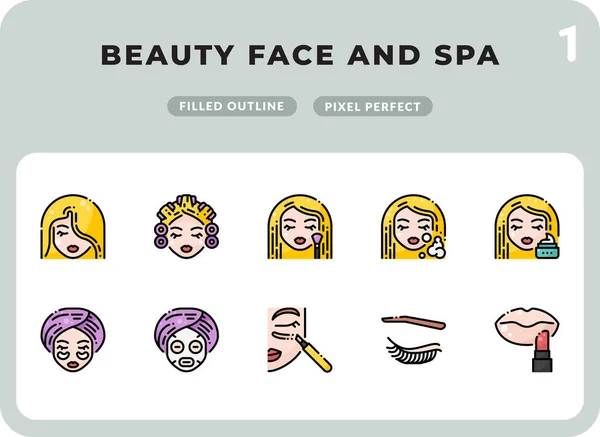 Beauty Face e Spa Riempito Icone Pack per UI. Set di icone vettoriali a linea sottile perfette per il web design e l'applicazione del sito Web — Vettoriale Stock