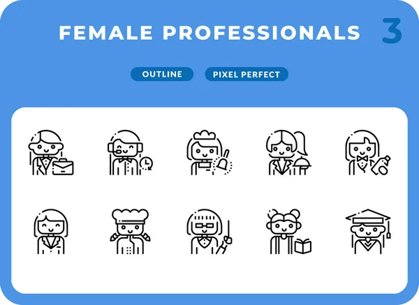 Ženská profesní kariéra osnovy ikony balení pro Ui. Pixel perfektní tenká čára vektorové ikony nastavena pro web design a webové aplikace Stock Vektory