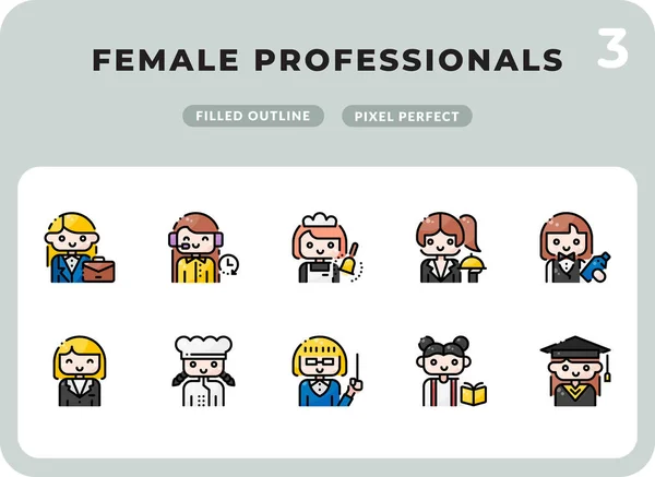 Kvinnliga professionella karriärer fyllda ikoner Pack för Ui. Pixel perfekt tunn linje vektor ikon set för webbdesign och webbplatsapplikation Royaltyfria illustrationer