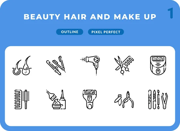 Beauty Hair e Make Up Outline Icons Pack per UI. Set di icone vettoriali a linea sottile perfette per il web design e l'applicazione del sito Web — Vettoriale Stock