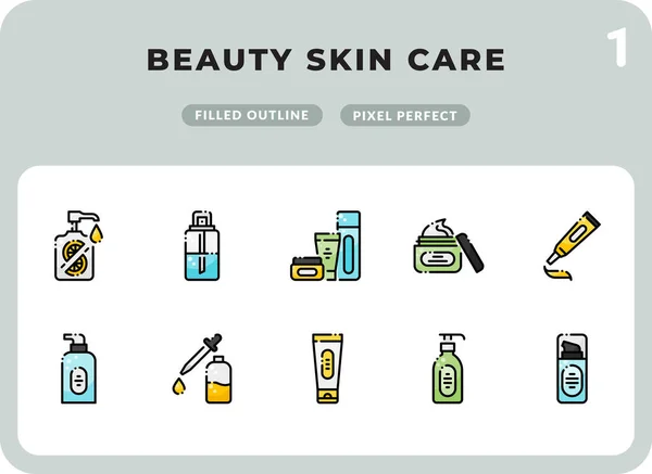 Beauty Cura della pelle riempito Icone Pack per UI. Set di icone vettoriali a linea sottile perfette per il web design e l'applicazione del sito Web — Vettoriale Stock