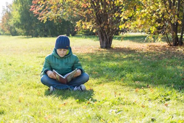 Boy reading book in autumn Park — Stock Photo, Image