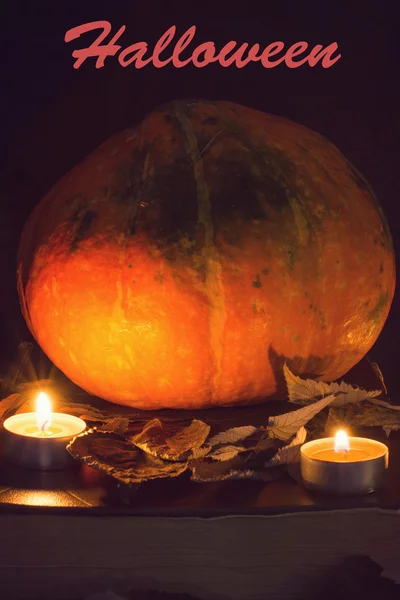 Pumpkin, old book, candles and dry yellow leaves with the word Halloween. Low key. Halloween composition