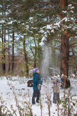 İki erkek kış çam ormanı içinde oynarken