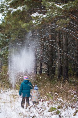 İki erkek kış çam ormanı içinde oynarken