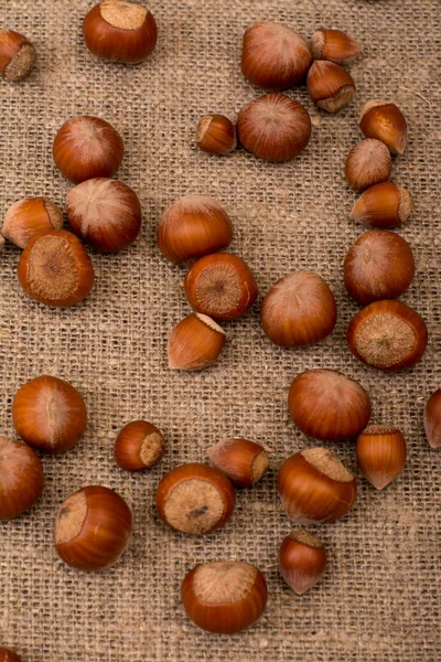 Hasselnötter på säckväv tyg — Stockfoto