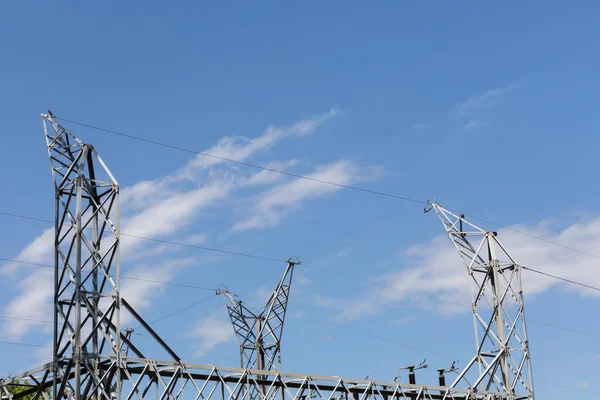 Power Substation Electrical Trusses Metal Structures Wires Blue Sky Clouds — Stock Photo, Image