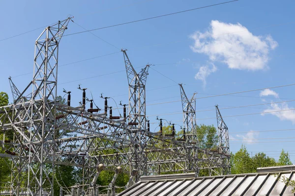 Electrical Power Substation Surrounded Trees Urban Area Blue Sky Clouds — Stock Photo, Image