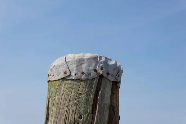 Old Metal Piling Cap Hand Formed Nailed Top Treated Wood — Stock Photo, Image