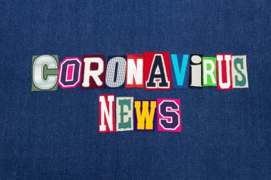 CORONAVIRUS NEWS metin kelime kolajı, dünya çapında grip virüsü bilgisi, mavi kot üzerine renkli harfler, yatay görünüm