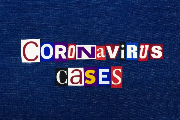 CORONAVIRUS CASES, COVID-19, word text collage, worldwide pandemic flu virus crisis, disease epidemic, typography colorful letters on blue denim, horizontal aspect