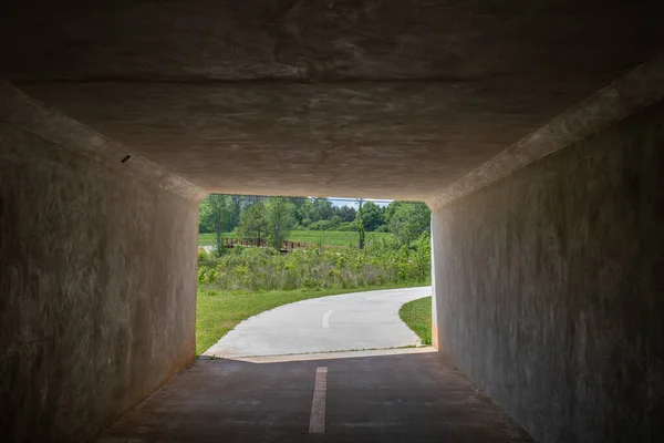 Blick Aus Dem Inneren Eines Radwegtunnels Mit Grünen Weiden Und — Stockfoto