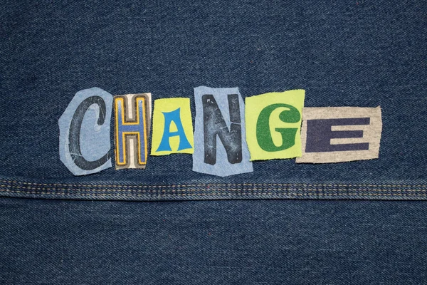 CHANGE word collage from cut out tee shirt letters, cool colors, horizontal aspect