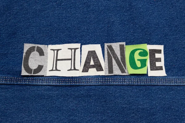 CHANGE word collage from cut out tee shirt letters, corporate growth, horizontal aspect