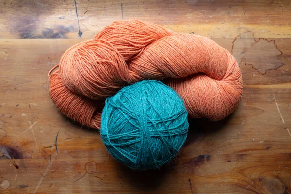 Ball Skein Yarn Old Wood Background Knitting Crochet Backdrop Orange — Stock Photo, Image