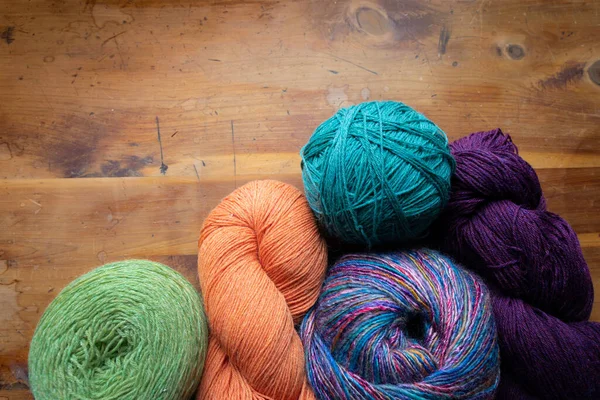 Multiple Colorful Balls Skeins Yard Old Wood Table Knitting Crochet — Stock Photo, Image
