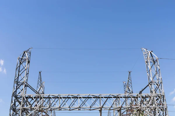 Metal Electrical Power Transfer Station Trusses Centered Blue Sky Creative — Stock Photo, Image