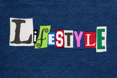 LIFESTYLE metin kelime kolaj mavi kot renkli kumaş, yaşam durumu, yatay görünüm