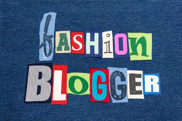 Fashion Blogger Texto Palavra Colagem Tecido Colorido Ganga Azul Blogs — Fotografia de Stock