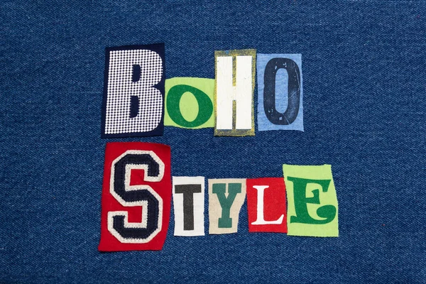 Boho Style Collage Palabra Texto Tela Colores Denim Azul Aspecto — Foto de Stock