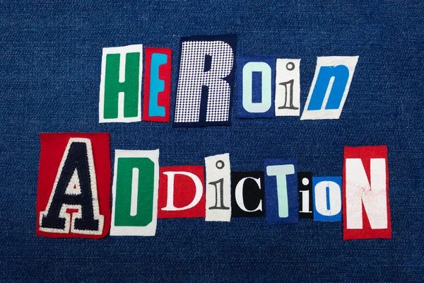 Heroin Addiction Collage Palabra Texto Tela Colores Denim Azul Abuso — Foto de Stock