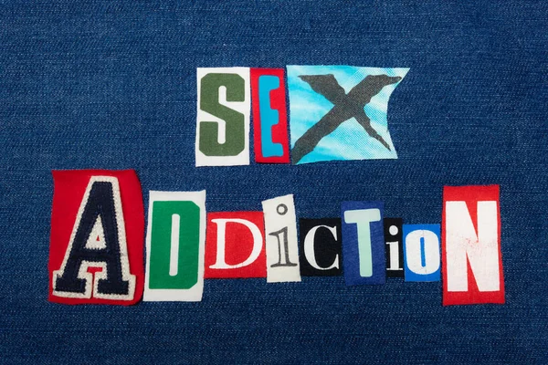 Sexo Adicción Texto Palabra Collage Tela Colores Denim Azul Concepto — Foto de Stock