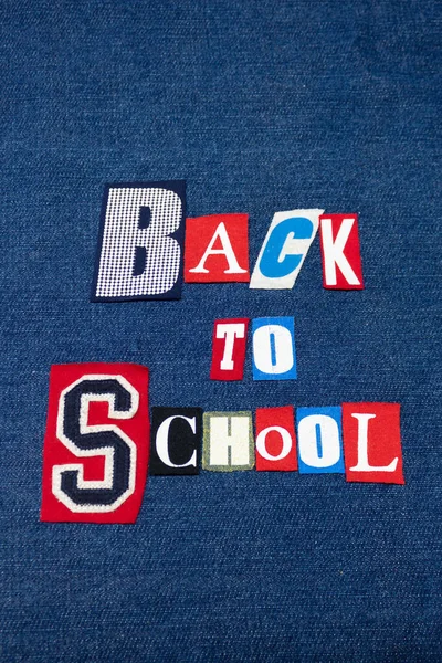 Back School Text Word Collage Colorful Fabric Blue Denim Schools — Stock Photo, Image