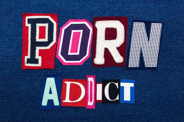 Porno Addict Palabra Collage Texto Tela Multicolor Denim Azul Pornografía — Foto de Stock