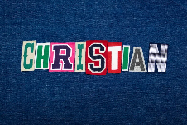 Christian Koláž Slova Text Vícebarevné Tkaniny Modrém Denim Křesťanství Náboženství — Stock fotografie